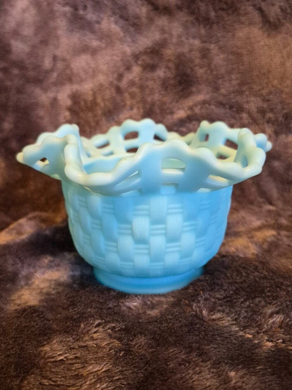 FENTON Blue Custard Basket Weave Bowl Reticulated Ruffle 3.25"H x 5.25"W